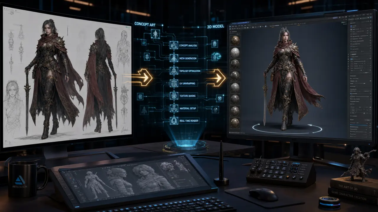 High-Fidelity-3D-Workflow, der perfekte Übereinstimmung zwischen Konzeptkunst und generiertem 3D-GLB-Modell zeigt