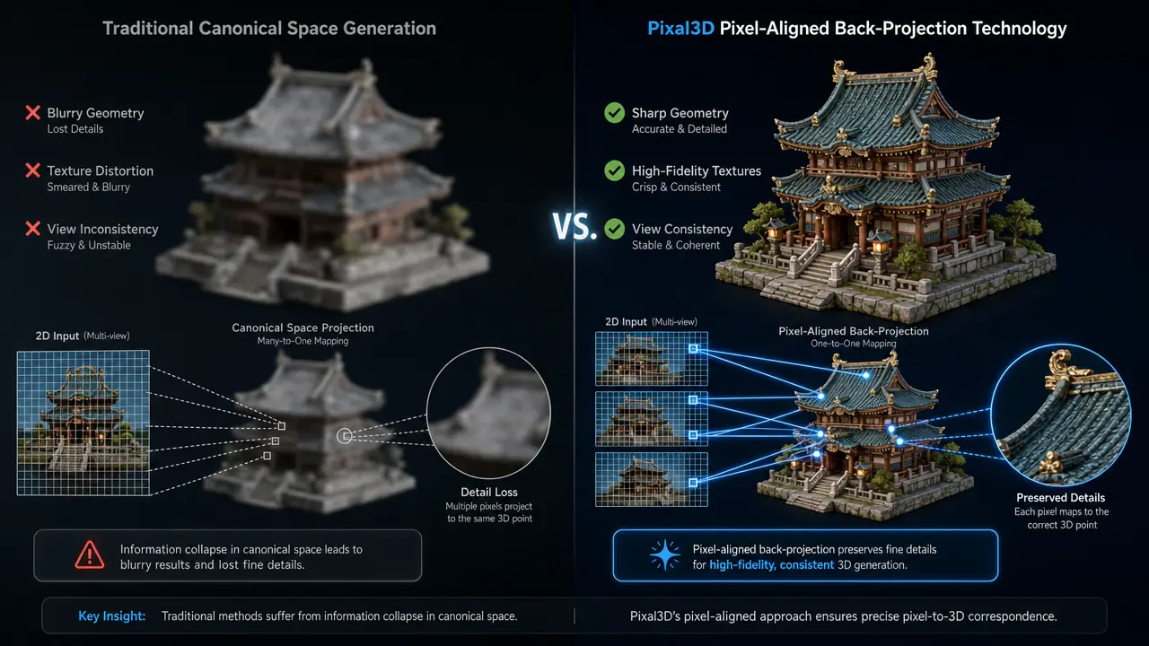 Vergleich zwischen kanonischer Raumgenerierung und Pixal3D Pixel-Aligned-Back-Projection